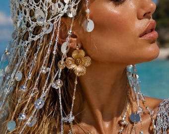 Silver Statement Headpiece with Cascading Dangles, Metallic Sequin Goddess Headwear, Luxury Beach and Festival Accessory