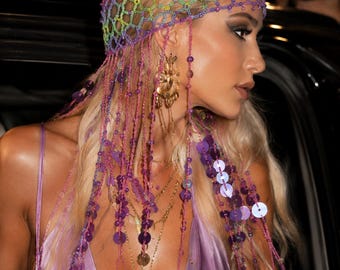 Colorful Statement Headpiece with Crystal Dangles, Sequin Details, Goddess Festival Hair Accessory, One of a Kind Luxury Headwear