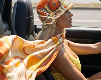 Orange Retro Floral Crochet Bucket Hat, Openwork Resort Vacation Accessory