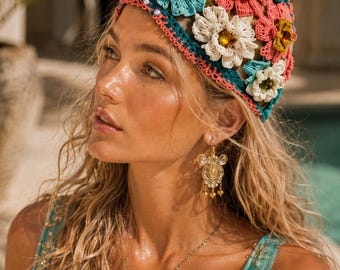 Colorful Floral Crochet Headpiece with Crystal Details, Women’s Openwork Mesh Cap, Summer Resort Hair Cover, One of a Kind Fashion Accessory