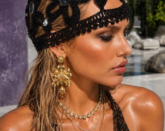 Metallic Black Floral Crochet Headpiece with Crystal Accents, Women’s Openwork Mesh Cap, Evening Resort Hair Cover, One of a Kind Accessory