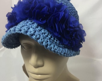 Blue Raffia Visor Hat, Royal Blue Floral Detail, Paper Yarn Summer Cap