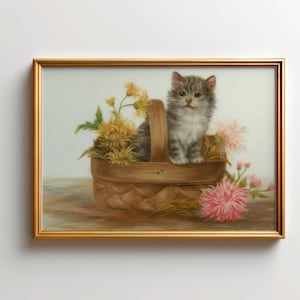 Leuk katje in bloemenmand poster, schattige kat kunstprint, boho decor poster voor kinderkamer, grillige dieren muurkunst, kattenliefhebbers cadeau
