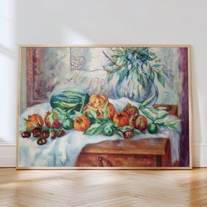 Dipinto di natura morta vibrante, stampa artistica di frutta colorata, decorazione da parete per la cucina, poster di arte tropicale, opera d'arte di verdure acquerellate, pregiata arte esotica