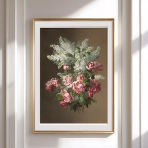Impresión de arte floral para pared, póster botánico de rosa rosa, ilustración de flores vintage, decoración del hogar shabby chic, obra de arte de jardín para pared