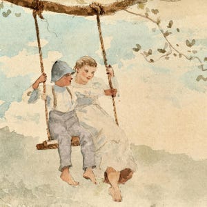 Stampa artistica vintage, bambini sull'altalena, decorazione da parete stravagante, decorazione per la cameretta dei bambini, poster per la cameretta dei bambini, arte della natura, stampa artistica senza cornice, spedizione gratuita