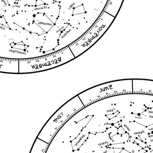 K&ouml;nnte beinhalten: Eine Schwarzwei&szlig;-Sternkarte, die die im Laufe des Jahres am Nachthimmel sichtbaren Sternbilder zeigt. Die Karte ist in 12 Abschnitte unterteilt, einen f&uuml;r jeden Monat, wobei die Sternbilder in schwarzer Schrift beschriftet sind.