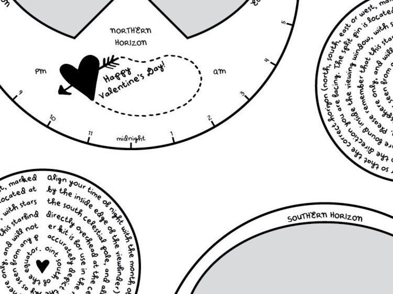 K&ouml;nnte beinhalten: Ein schwarz-wei&szlig;es druckbares Diagramm mit einem Herz- und Pfeil-Design. Das Diagramm ist mit "Nordhorizont" und "S&uuml;dhhorizont" beschriftet. Der Text "Frohen Valentinstag!" ist in Kursivschrift geschrieben.