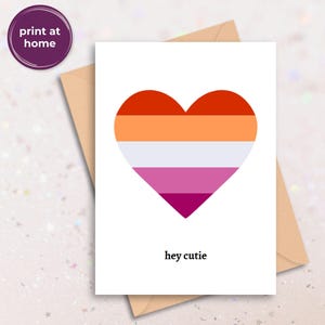 Carte de fierté lesbienne LGBTQ + Gay, carte d'affirmation de drapeau coeur queer, imprimable numérique à télécharger PDF