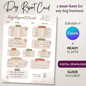 Tarjeta de informe canina, plantilla editable para negocio canino, informe imprimible para paseadores, cuidadores, peluqueros, alojamientos, guarderías y entrenadores.