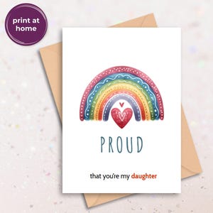 Carte de fierté pour fille LGBTQ+ des parents, affirmation queer imprimable pour fille gay, lesbienne ou trans, arc-en-ciel numérique téléchargement PDF