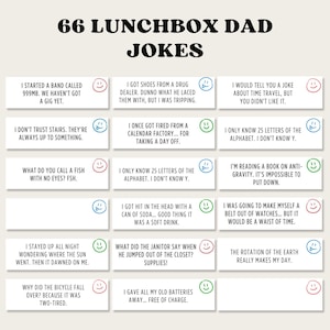 May include: A beige card with the title "66 Lunchbox Dad Jokes" in black. The card contains 15 rectangular boxes with jokes and small smiley face icons. The jokes are written in black text.