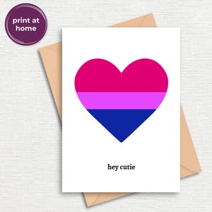 Carte de fierté bisexuelle LGBTQ+ Bi, carte d'affirmation de drapeau coeur queer, imprimable numérique en téléchargement PDF