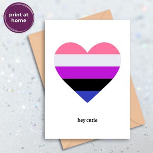 Genderfluid LGBTQ+ Pride Card, Queer Heart Flag Affirmation Card, Afdrukbare digitale download pdf