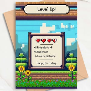 Cartão de aniversário fofo em pixel retrô | Cartão para subir de nível com amigo gamer | Presente de videogame de 8 bits | Aniversário de nerd | Download digital para impressão