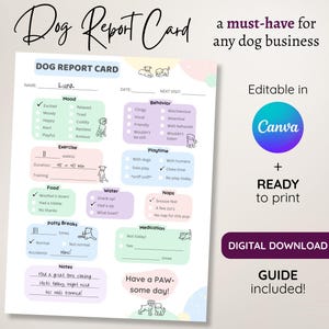 Tarjeta de informe canina, plantilla editable para negocio canino, informe imprimible en tonos pastel para paseador, cuidador, peluquero, hospedaje, guardería y entrenador.