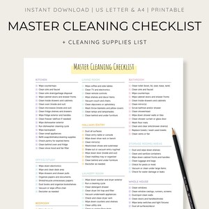 Lista de Verificação de Limpeza Master para Imprimir + Lista de Suprimentos | Limpeza Profunda da Casa | Cronograma de Limpeza de Primavera | A4 e Carta EUA | PDF Pastel