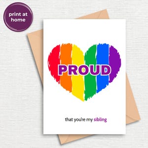 Carte de fierté pour frère et sœur, LGBTQ+ queer ou frère ou sœur non binaire, carte d'affirmation imprimable arc-en-ciel, téléchargement numérique PDF