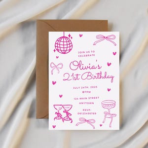 Elegante Einladung zum 21. Geburtstag | Süße rosa ästhetische digitale Party-Einladung | Bearbeitbare und druckbare Canva-Vorlage zum sofortigen Download