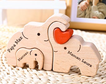 Personalisierte Holzpuzzle Elefantenfamilie, benutzerdefinierte Tierdekoration, Muttertagsandenken