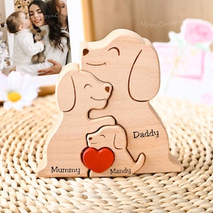 Personalized Wooden Dog Family Puzzle, Puppy Family Home Decor, Engraved Family Name Keepsake, Dog Lover Gifts, Anniversary Gift for Her