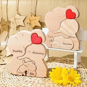 Personalized Wooden Elephant Family Puzzle, Engraved Elephant Figurines, Family Of 2-6 Keepsake Gift, Wooden Decor Birthday Gift for Kids