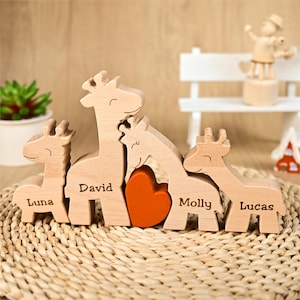 Custom Wooden Giraffe Family Puzzle, Engraved Name Family Keepsake Gift, Wood Giraffe Statues, Giraffe Gifts for Kids, Baby Shower Gift