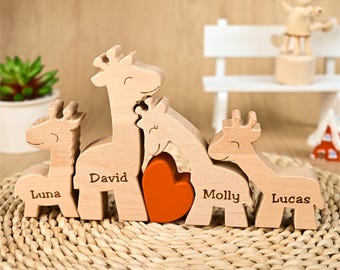 Op maat gegraveerde houten familiepuzzel giraf, aandenken