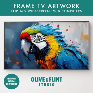 Pode incluir: Uma pintura colorida de uma arara azul e amarela com um bico vermelho. A pintura é feita em um estilo texturizado, dando a impressão de pinceladas. O fundo é cinza claro com respingos de cor.