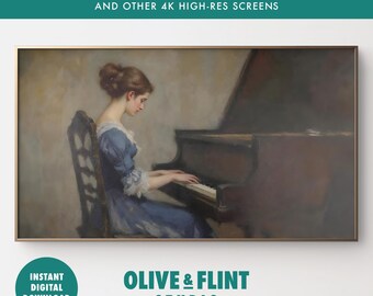 Quadro con cornice Samsung / Dipinto a olio di donna Arte con cornice TV Samsung / Arte vintage di donna che suona il pianoforte / Pianista donna / Arredamento per la casa moody