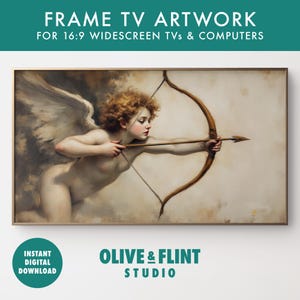 May include: A digital art print featuring a painting of a winged cherub holding a bow and arrow. The cherub is depicted with a golden bow and arrow, and the background is a soft, muted colour.