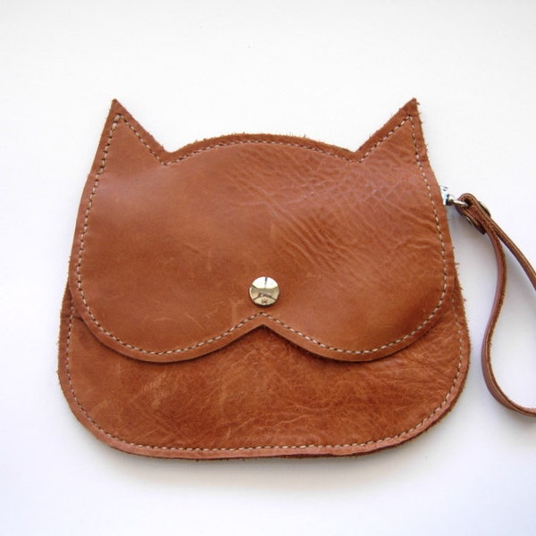 light tan leather Cat bag,  brown leather wristlet  Cat clutch purse, crazycatlady bag