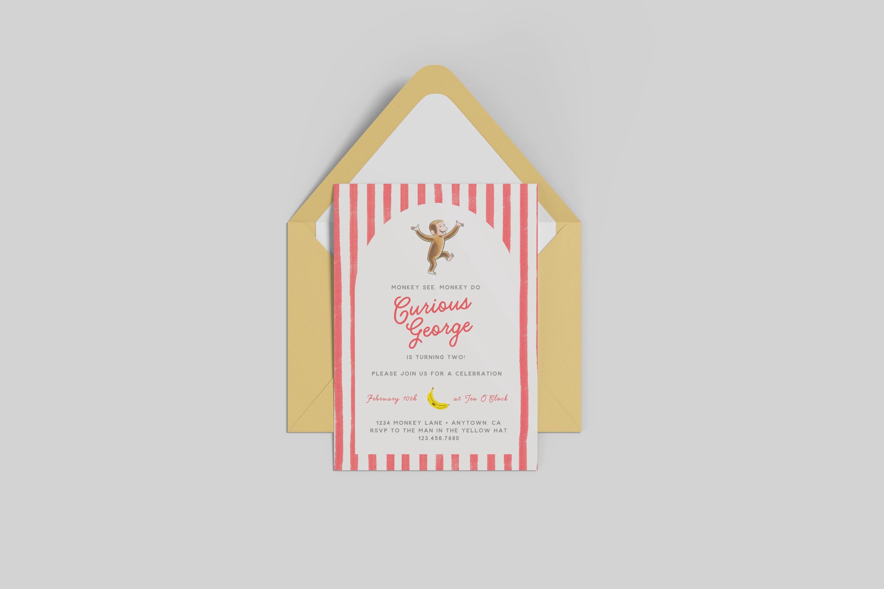 Curious George Monkey Birthday Party Baby Shower Editable Digital Invitation Template