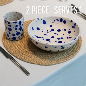 2-piece porcelain bowl and mug set, blue speckled design, large soup cereal