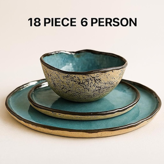 18-Piece Rustic Blue Handmade Dinnerware Set