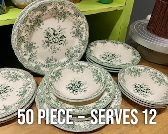 50 Piece Rustic Green Floral Porcelain Dinnerware Set – 12 Person Plates and Bowls – Farmhouse Tableware for Weddings or Daily Use