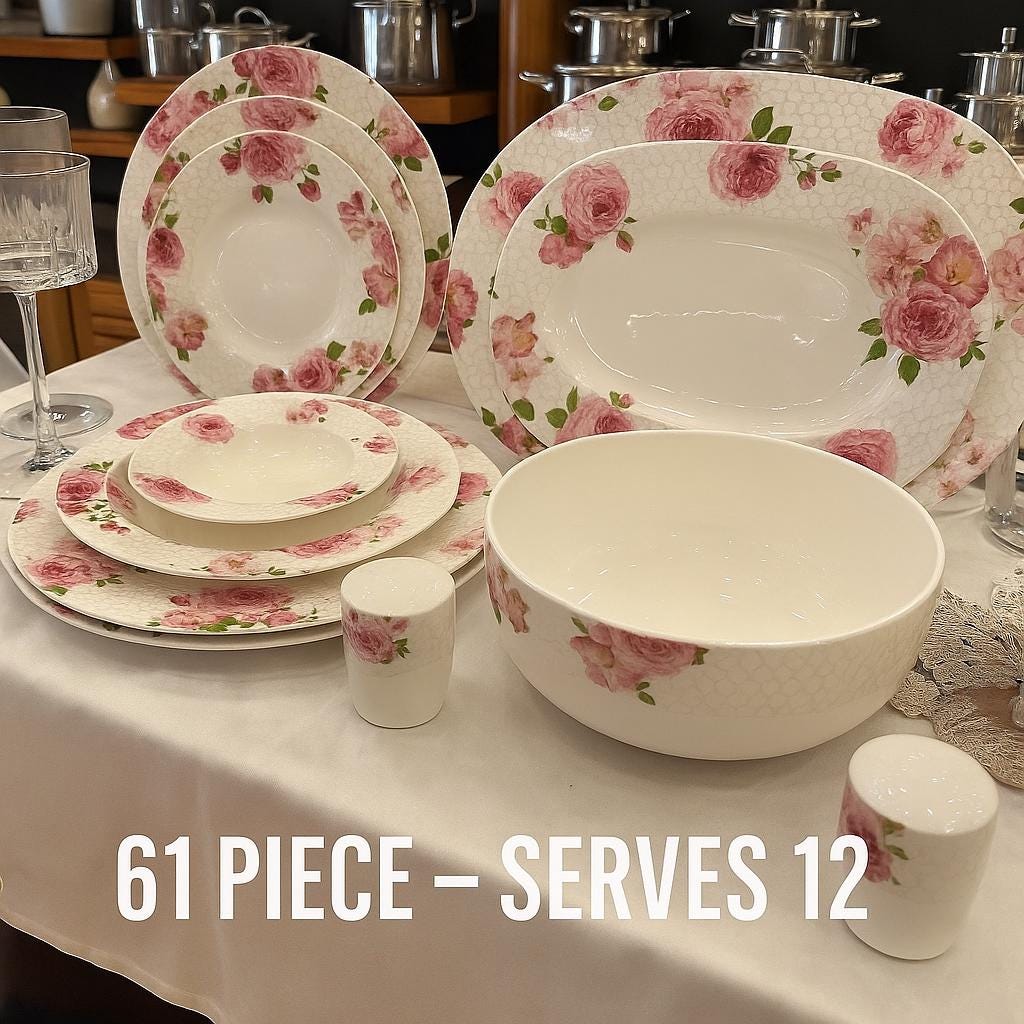 Porcelain Dinnerware Set for 12 – 61-Piece Pink Floral Plates and Bowls | Elegant Rose Tableware with Soup Tureen and Large Bowl