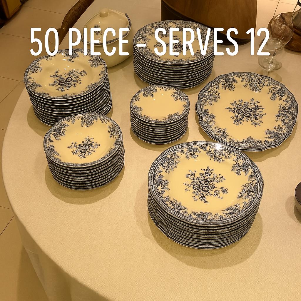 50-piece porcelain dinnerware set, blue floral plates and bowls, 12-person