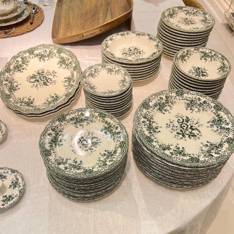 50 Piece Rustic Green Floral Porcelain Dinnerware Set – 12 Person Plates and Bowls – Farmhouse Tableware for Weddings or Daily Use