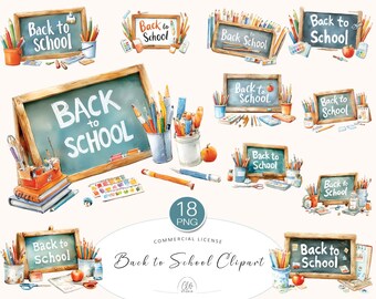 Watercolor Back to School Clipart: Chalkboard & School Supplies (PNG, 300 DPI)