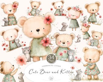 Watercolor Bear & Kitten Clipart: Nursery Art PNG Images (Digital Download)