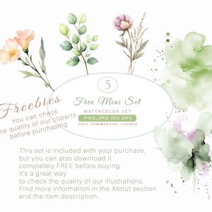 May include: A watercolour clipart set with floral elements and abstract washes in green, pink, and purple. The image includes text that reads "Free Mini Set" and "Free Commercial License".
