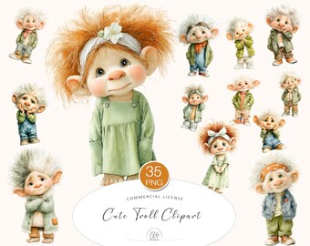 35 PNG Cute Troll Clipart – Whimsical Fantasy Character Illustration, Watercolor Troll Art, Scrapbooking, Nursery Decor, Sublimation
