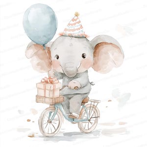 10 lindos elefantes de cumpleaños, imágenes prediseñadas / ilustración de animales de fiesta en acuarela con globo y regalo para baby shower y decoración de fiestas infantiles JPG