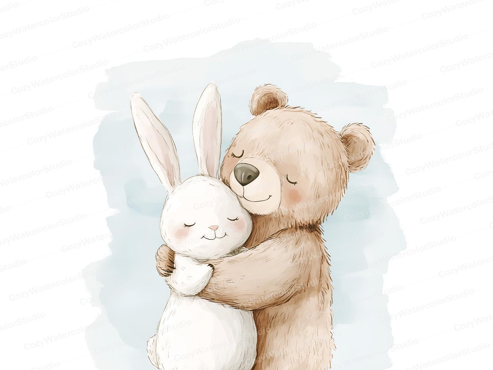 10 Cute Bunny and Bear Hug Clipart | Watercolor Nursery Art for Kids ...