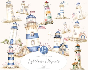 Watercolor Lighthouse Clipart: Nautical Coastal PNG Graphics (Digital Download)