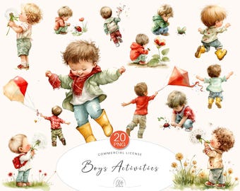 Boys Outdoor Play Clipart: Flowers, Kites, Ladybugs (PNG Digital Download)