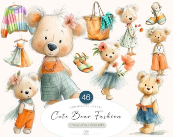 46 Bear Clipart PNG JPG | Cute Bear Fashion Clipart, Junk Journal, Baby Shower Crafts Nursery Decor, Adorable Teddie Bear, Digital Download