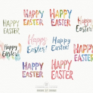 Clipart di testo pasquale ad acquerello / 10 parole di buona Pasqua scritte a mano in PNG e JPG / Lettering primaverile, tipografia festiva, download immediato