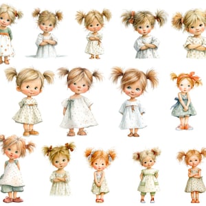 May include: A collection of watercolour illustrations depicting young girls with blonde or light brown hair in pigtails. The girls are dressed in dresses of various colours, including white, green, and blue, with polka dot and floral patterns. The illustrations have a soft, whimsical style.
